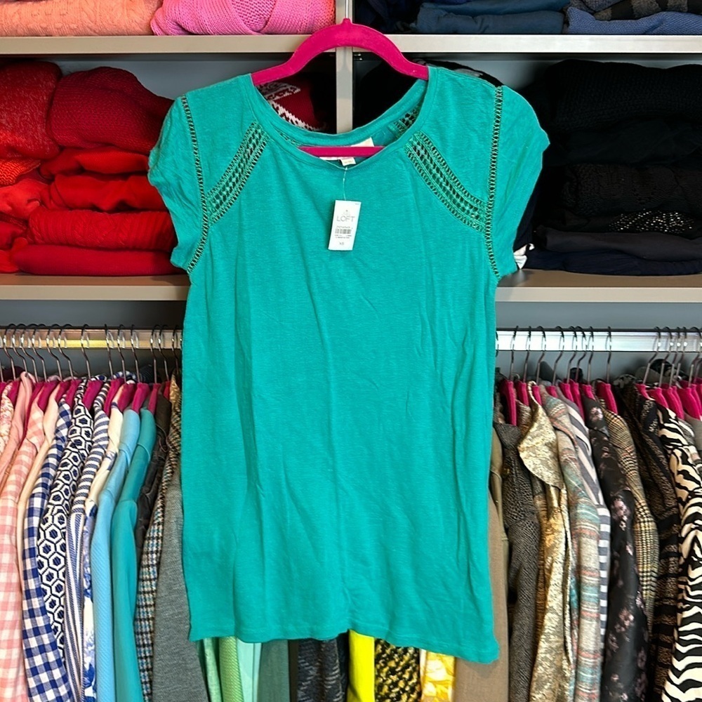 Loft green short sleeve with embroidery top size XS NWT